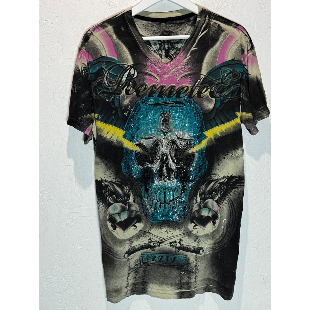 VTG Remetee by Affliction Rhinestone Skull Graphic T-Shirt V-Neck Y2K Medium